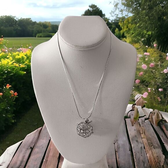 Vintage Apple Pendant Necklace Open Work Filigree Cage Clasp Opens Silver Tone. - Picture 10 of 16